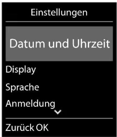 Einstellungen Datum und Uhrzeit Display Sprache Anmeldung Zurück OK