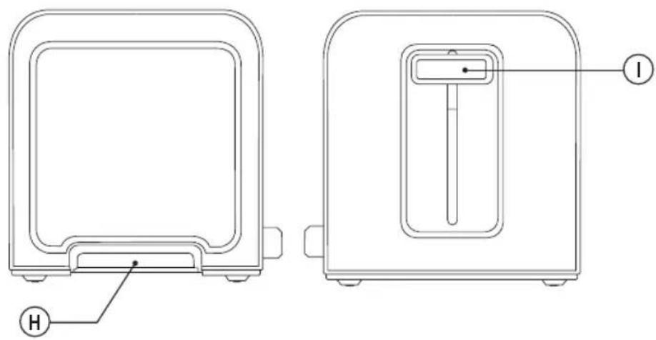 Technical diagram of a two-part device with labeled parts H and I, showing front and side views.