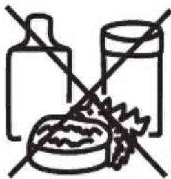 Prohibition symbol showing a bottle, glass, and food items with crossed-out lines indicating prohibition or exclusion.