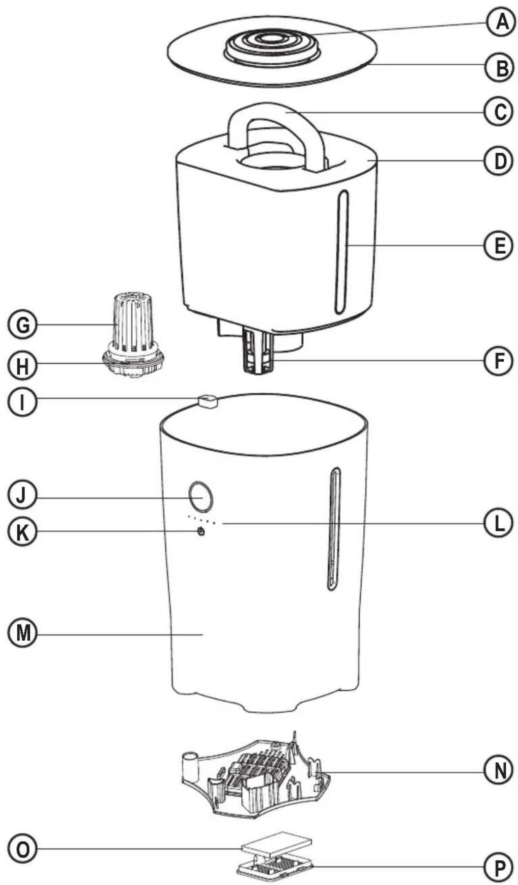 Exploded view diagram of a portable electronic device with labeled parts from top to bottom