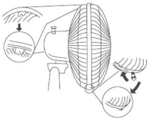 Diagram illustrating a mechanical or fan assembly with labeled parts and directional arrows indicating motion or force.