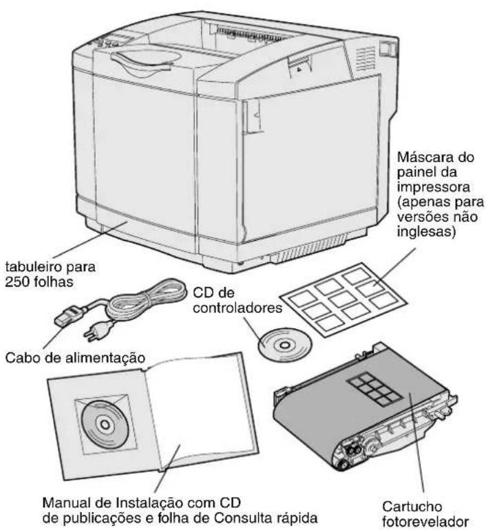 Máscara do painel da impressora (apenas para versões não inglesas) tabuleiro para 250 folhas CD de controladores Cabo de alimentação Manual de Instalação com CD de publicações e folha de Consulta rápida Cartucho fotorevelador
