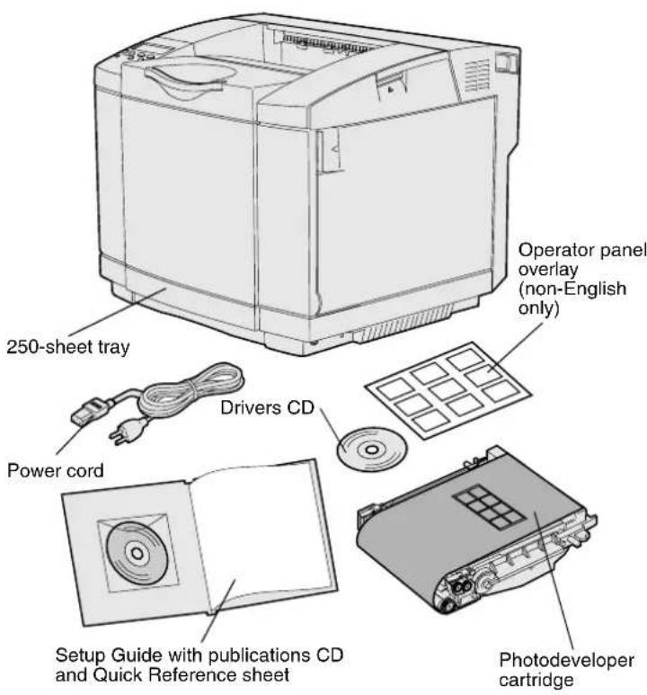 250-sheet tray Operators panel overlay (non-English only) Drivers CD Power cord Setup Guide with publications CD and Quick Reference sheet Photodeveloper cartridge