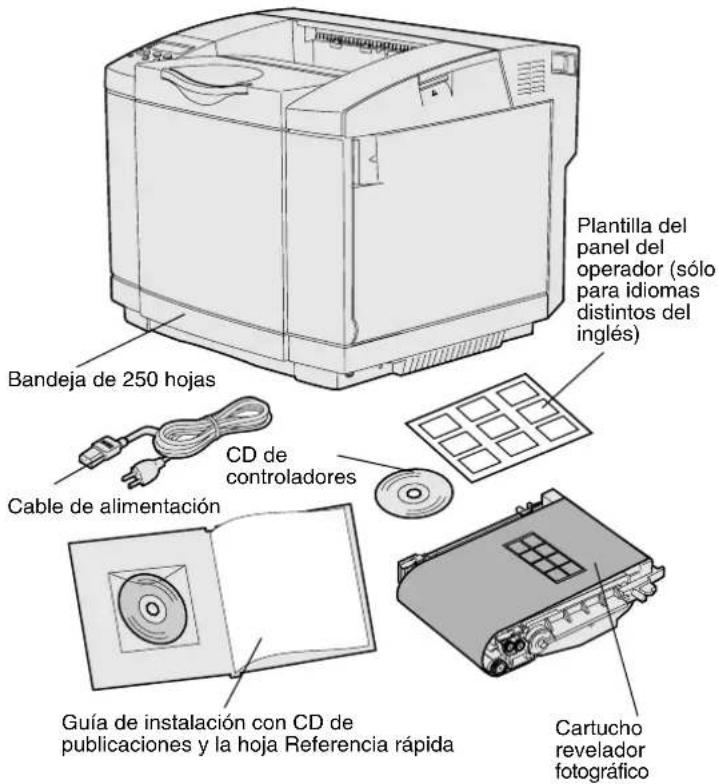 Bandeja de 250 hojas Plantilla del panel del operador (sólo para idiomas distintos del inglés) Cable de alimentación CD de controladores Guía de instalación con CD de publicaciones y la hoja Referencia rápida Cartucho revelador fotográfico