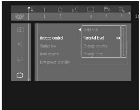 Access control Status box Auto resume Low power standby Child lock Parental level Change country Change code