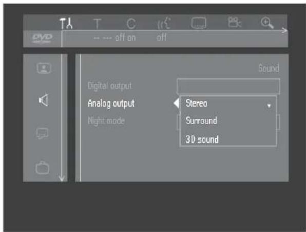DV -- off on off Digital output Analog output Night mode Sound Stereo Surround 3D sound