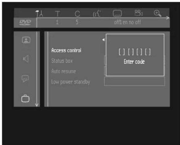 DVD 1 5 off! en no off Access control Status box Auto resume Low power standby [ ] [ ] [ ] Enter code
