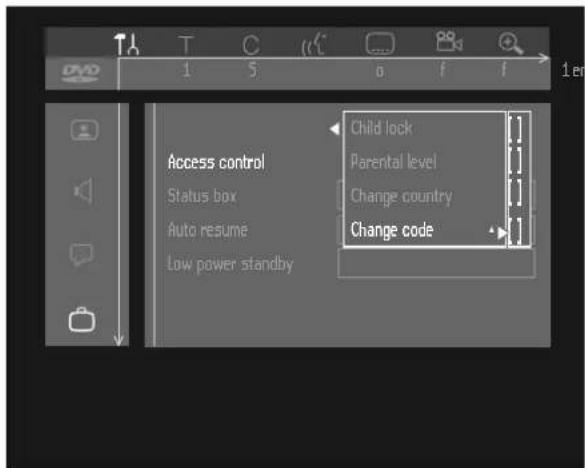Access control Status box Auto resume Low power standby Child lock Parental level Change country Change code
