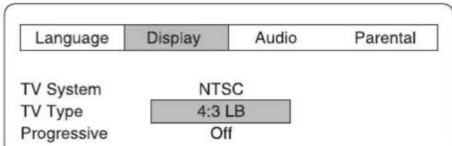 Language Display Audio Parental TV System NTSC TV Type 4:3 LB Progressive Off