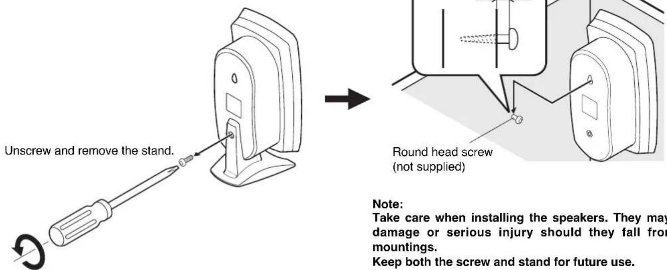 Unscrew and remove the stand. Round head screw (not supplied) Note: Take care when installing the speakers. They may damage or serious injury should they fall from mountings. Keep both the screw and stand for future use.