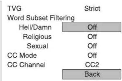 TVG Word Subset Filtering Hell/Damn Off Religious Off Sexual Off CC Mode Off CC Channel CC2 Back