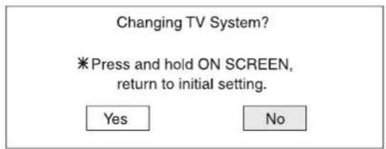 Changing TV System? *Press and hold ON SCREEN, return to initial setting. Yes No