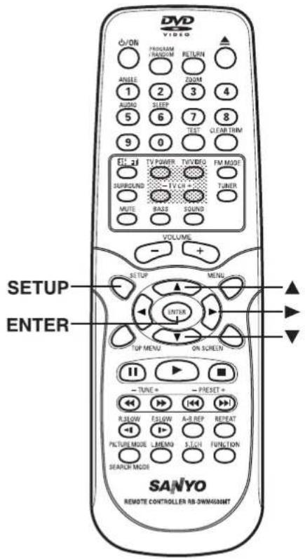 DVD VIDEO ON PROGRAM RANDOM RETURN ANGLE 1 2 3 4 AUDIO 5 6 7 8 SLEEP TEST CLEAR THM 9 0 E:\ 2\ TV POWER TV\VIDEO FM MODE SURROUND TV ON TUNER MUTE RASS SOUND VOLUME SETUP MENU ENTER TUP MENU ON SCREEN TUNE + RESET + R.BLOW FOLLOW A-R REP REPEAT PICTURE MODE L MEMO S.TCH FUNCTION SEARCH MODE SANYO REMOTE CONTROLLER RB-DIMM/ASUNT