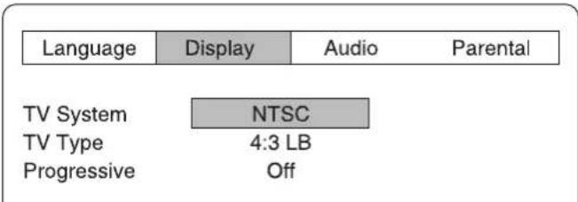 Language Display Audio Parental TV System NTSC TV Type 4:3 LB Progressive Off