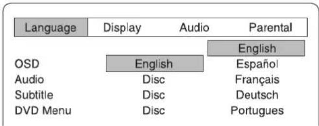 Language Display Audio Parental English OSD English Español Audio Disc Français Subtitle Disc Deutsch DVD Menu Disc Portugues