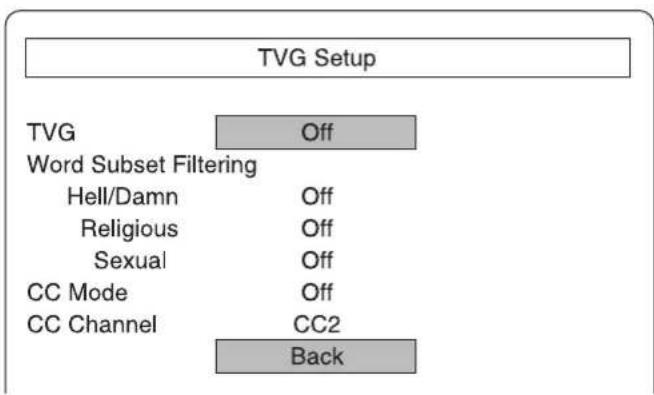 TVG Setup TVG Off Word Subset Filtering Hell/Damn Off Religious Off Sexual Off CC Mode Off CC Channel CC2 Back