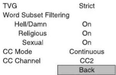 TVG Word Subset Filtering Hell/Damn Religious Sexual CC Mode CC Channel Strict On On On Continuous CC2 Back