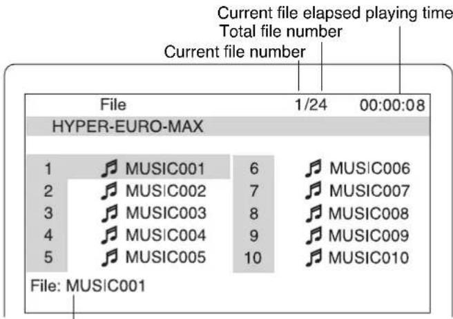 Current file elapsed playing time Total file number Current file number File 1/24 00:00:08 HYPER-EURO-MAX 1 MUSIC001 6 MUSIC006 2 MUSIC002 7 MUSIC007 3 MUSIC003 8 MUSIC008 4 MUSIC004 9 MUSIC009 5 MUSIC005 10 MUSIC010 File: MUSIC001