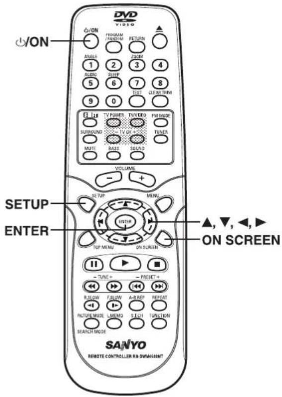 DVD VIDEO ON ON PROGRAM /PANISHM RETURN ANGLE 1 2 3 4 AUDIO 5 6 7 8 SLEEP TEST CLEAR THRM 9 0 TV POWER TUNVERO FM MODE SURROUND - TV ON + TUNER MUTE RASS SOUND VOLUME SETUP MENU ENTER TOP MENU ON SCREEN ▲,▼,◀,► ON SCREEN SANYO REMOTE CONTROLLER RB-DWMA68AMT
