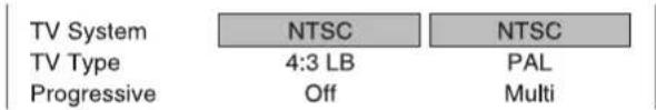 TV System NTSC NTSC TV Type 4:3 LB PAL Progressive Off Multi