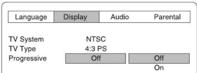 Language Display Audio Parental TV System NTSC TV Type 4:3 PS Progressive Off Off On