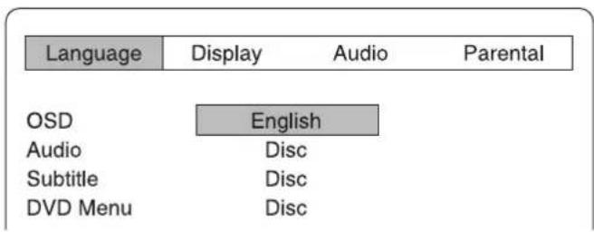 Language Display Audio Parental OSD English Audio Disc Subtitle Disc DVD Menu Disc