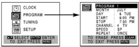 CLOCK PROGRAM TUNING SETUP SELECT ENTER ENTER TO EXIT PRESS MENU PROGRAM 1 MONTH : JULY DAY : 6 TUE START : 6:00 PM STOP : 7:30 PM CHANNEL : 4 TV SPEED : SP REPEAT : ONCE TO ERASE PRESS CLEAR TO EXIT PRESS MENU