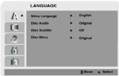LANGUAGE Menu Language ▶ English Disc Audio ▶ Original Disc Subtitle ▶ Off Disc Menu ▶ Original Move ▶ Select