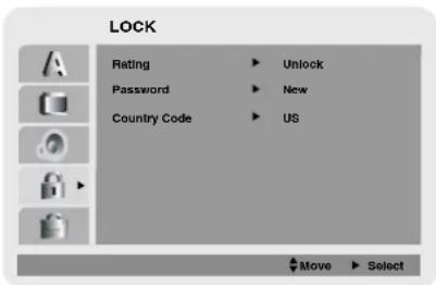 LOCK Rating ▶ Unlock Password ▶ New Country Code ▶ US Move ▶ Select
