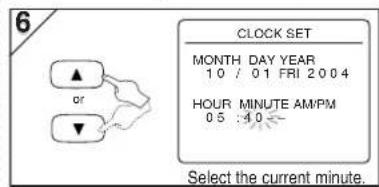 6 ▲ or ▼ CLOCK SET MONTH DAY YEAR 10 / 01 FRI 2004 HOUR MINUTE AM/PM 0.5 : 4.0 -- Select the current minute.