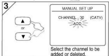 3 MANUAL SET UP CHANNEL 1 30 (CATV) ADD Select the channel to be added or deleted.