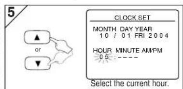 5 CLOCK SET MONTH DAY YEAR 10 / 01 FRI 2004 HOUR MINUTE AM/PM 0.5 : ---- Select the current hour.