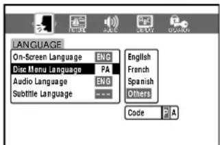 LANGUAGE On-Screen Language ENG Disc Menu Language PA Audio Language ENG Subtitle Language --- English French Spanish Others Code P A