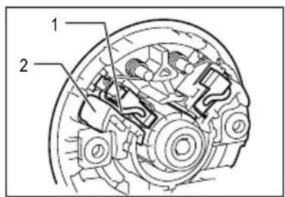 Technical diagram of a mechanical assembly with labeled parts 1 and 2