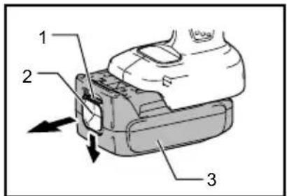 Diagram of a device with labeled parts and directional arrows indicating movement or force