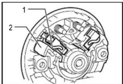 Technical diagram of a mechanical assembly with labeled parts 1 and 2