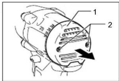 Technical diagram of a mechanical component with numbered parts and directional arrow indicating motion or flow