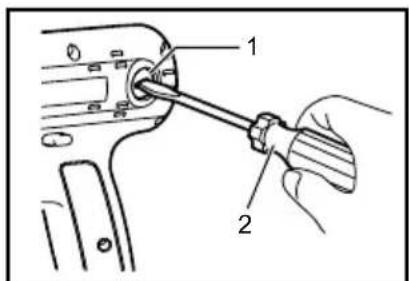 Technical diagram showing a hand holding a screwdriver to adjust a component, labeled with parts 1 and 2.