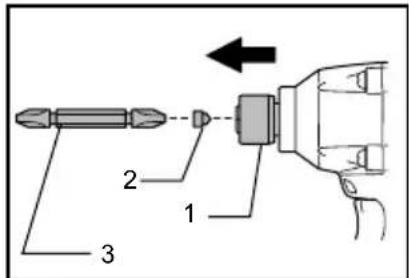 Diagram showing a drill bit connected to a drill bit with labeled parts 1, 2, and 3, and an arrow indicating direction.