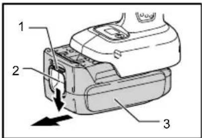 Diagram of a device with numbered parts and directional arrow indicating movement or assembly