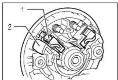 Technical diagram of a mechanical assembly with labeled parts 1 and 2