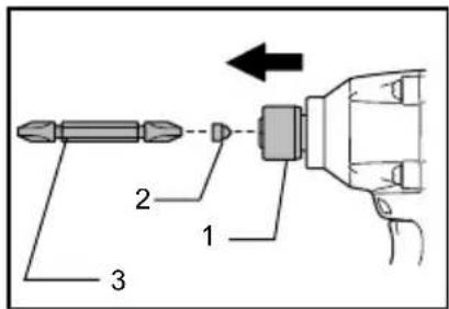 Diagram showing a drill bit connection with labeled parts 1, 2, and 3, and an arrow indicating direction.