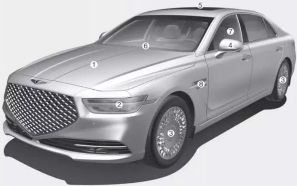 Diagram of a silver sedan with numbered labels pointing to different sections of the body.