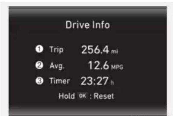Drive Info ① Trip 256.4 mi ② Avg. 12.6 MPG ③ Timer 23:27 h Hold OK : Reset