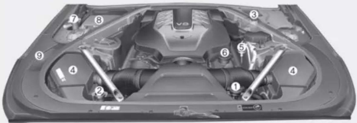 Technical diagram of a car engine compartment with numbered parts for identification