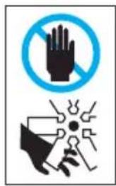 Safety warning sign showing a hand without a prohibition symbol and a hand holding a tool with warning symbols.
