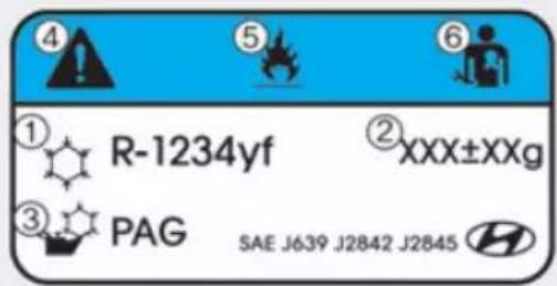 ④ ⑤ ⑥ ① R-1234yf ② XXX±XXg ③ PAG SAE J639 J2842 J2845