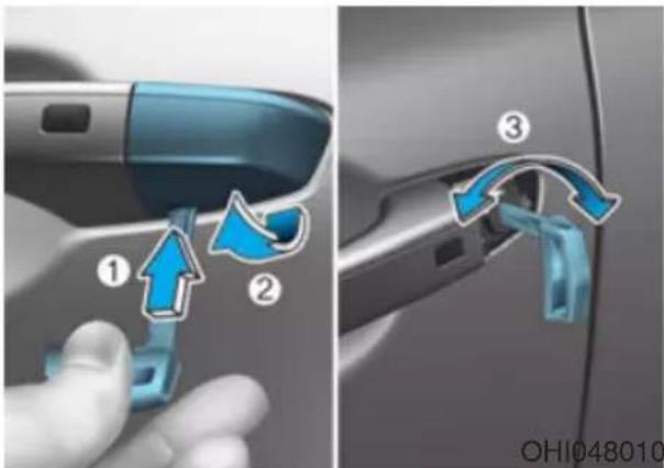 Diagram showing car door handle adjustment steps with numbered arrows indicating sequence