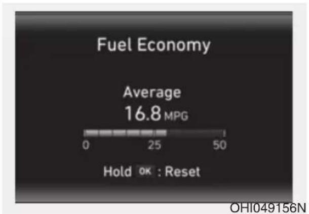 Fuel Economy Average 16.8 MPG 0 25 50 Hold OK : Reset OHI049156N