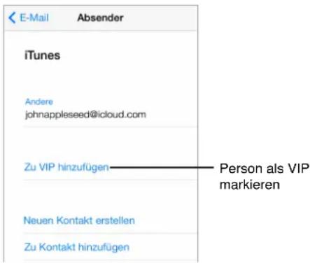E-Mail Absender iTunes Andere johnappleseed@icloud.com Zu VIP hinzufügen Person als VIP markieren Neuen Kontakt erstellen Zu Kontakt hinzufügen